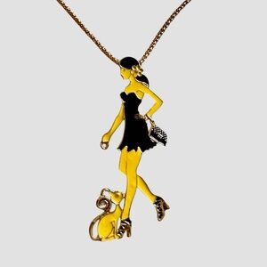 Betsey Johnson Whimsical Black & Yellow Pendant/Brooch of a Lady & Her Cat